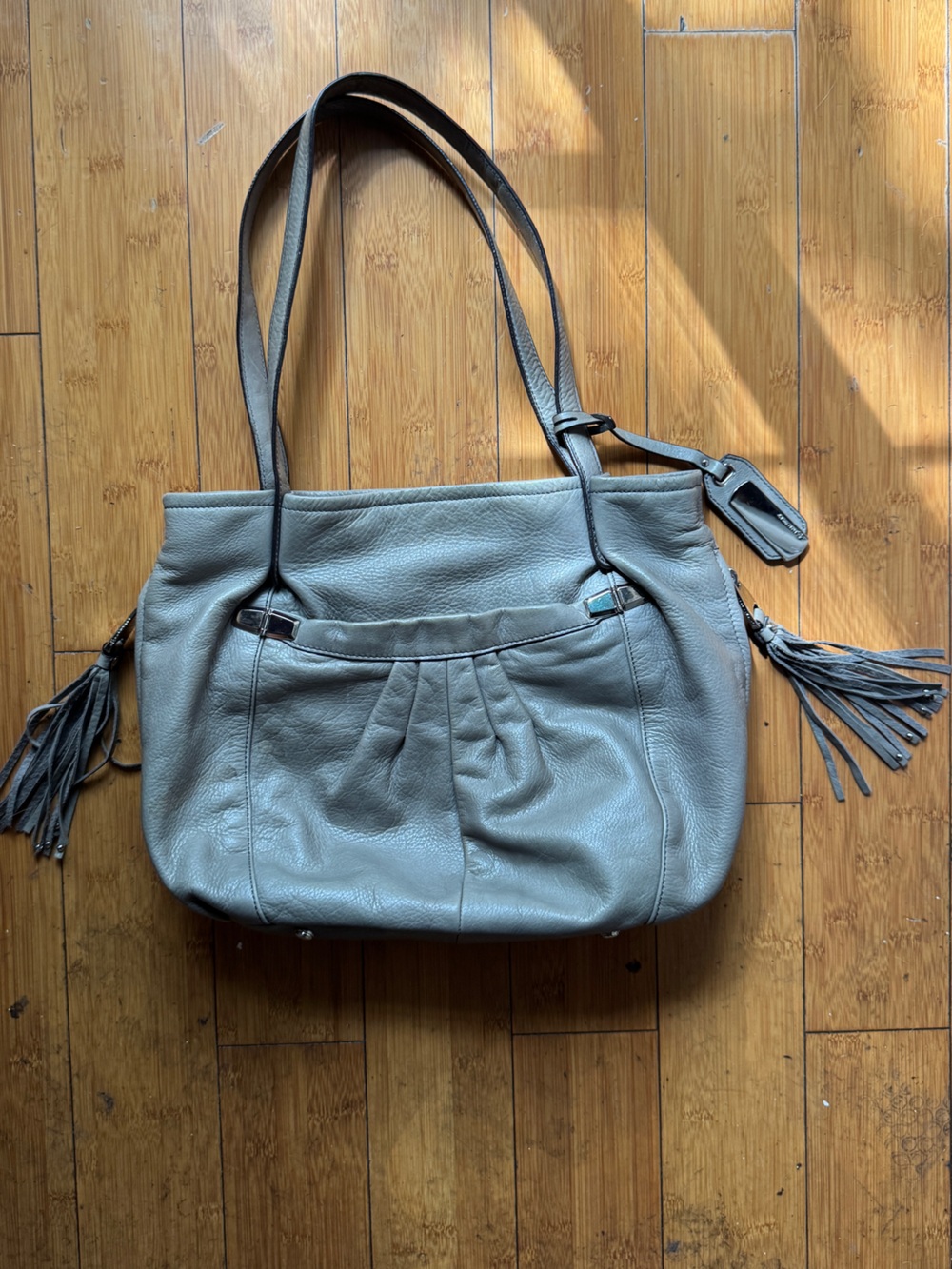 b. makowsky Gray Leather Tote with Tassels